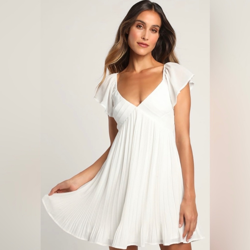 Lulus Amalfi Coast White Pleated Flutter Sleeve Mini Dress